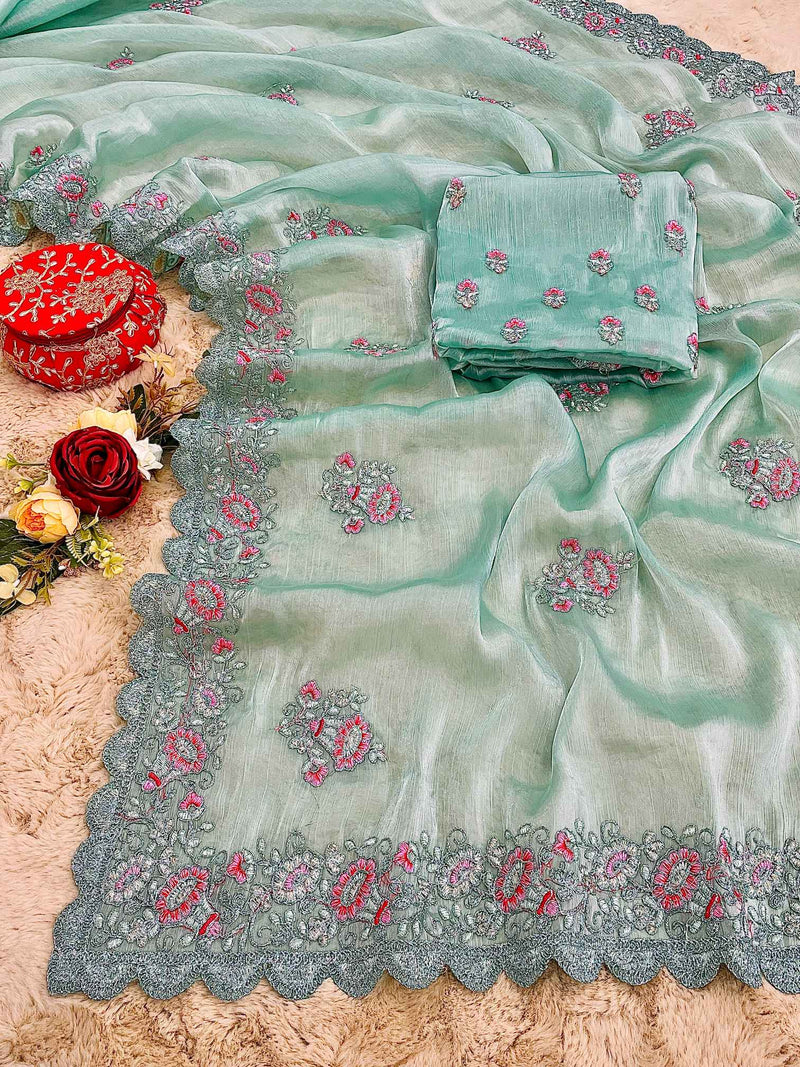 Sea Green Colour Shade Shimmery tissue silk saree