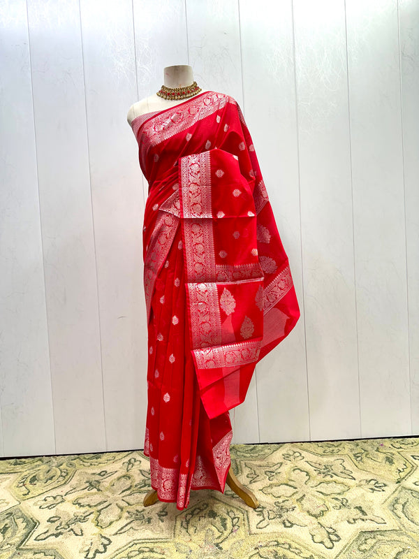 Silver zari woven Banarasi Soft Silk saree