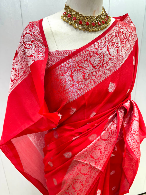 Silver zari woven Banarasi Soft Silk saree