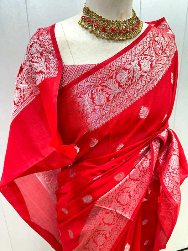 Red Soft Silk Silver Zari Banarasi Saree