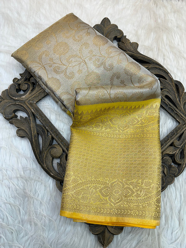 Golden Yellow Katan Tissue Silk Saree