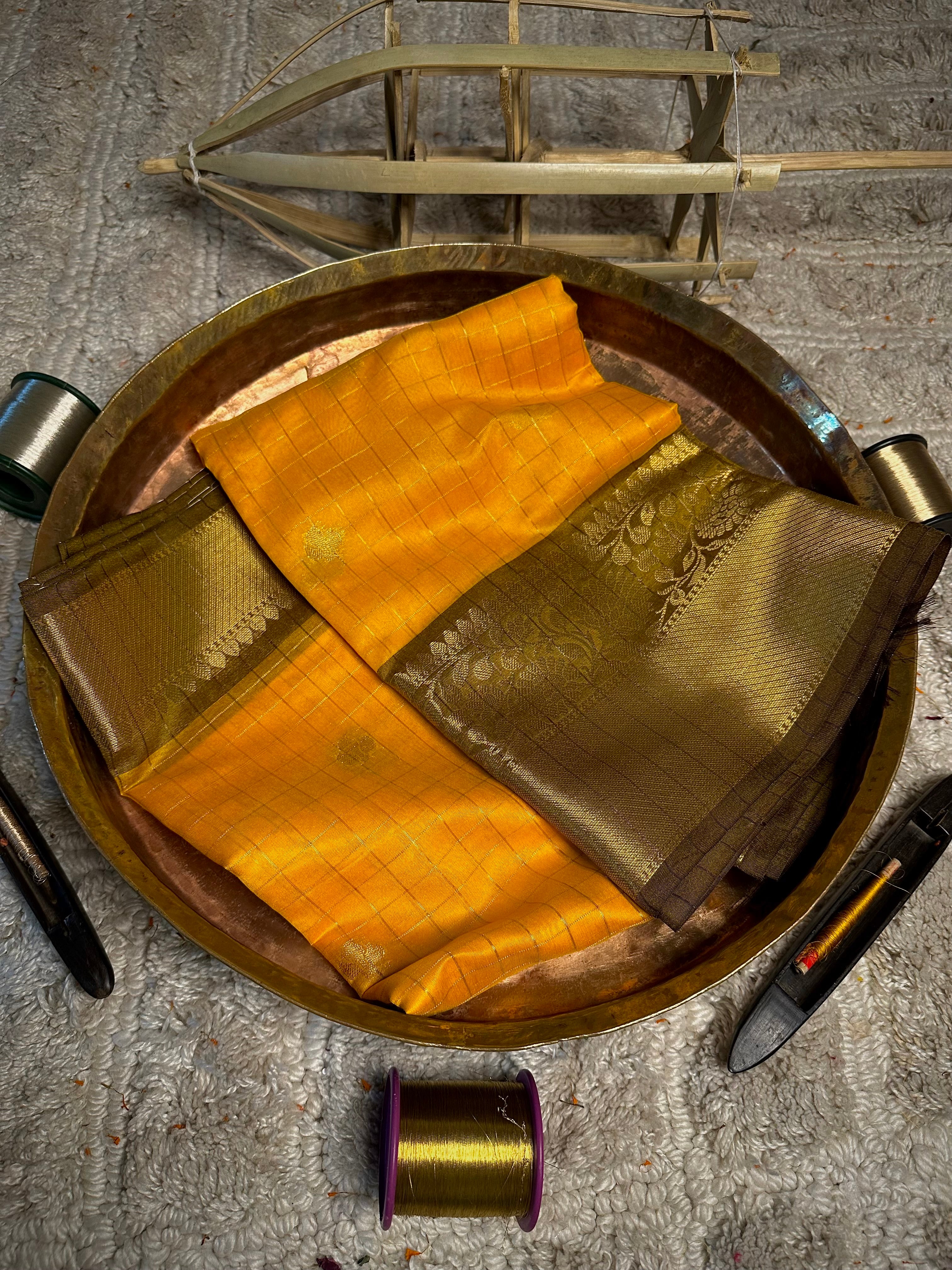Yellow checks buti weave cotton Banarasi saree