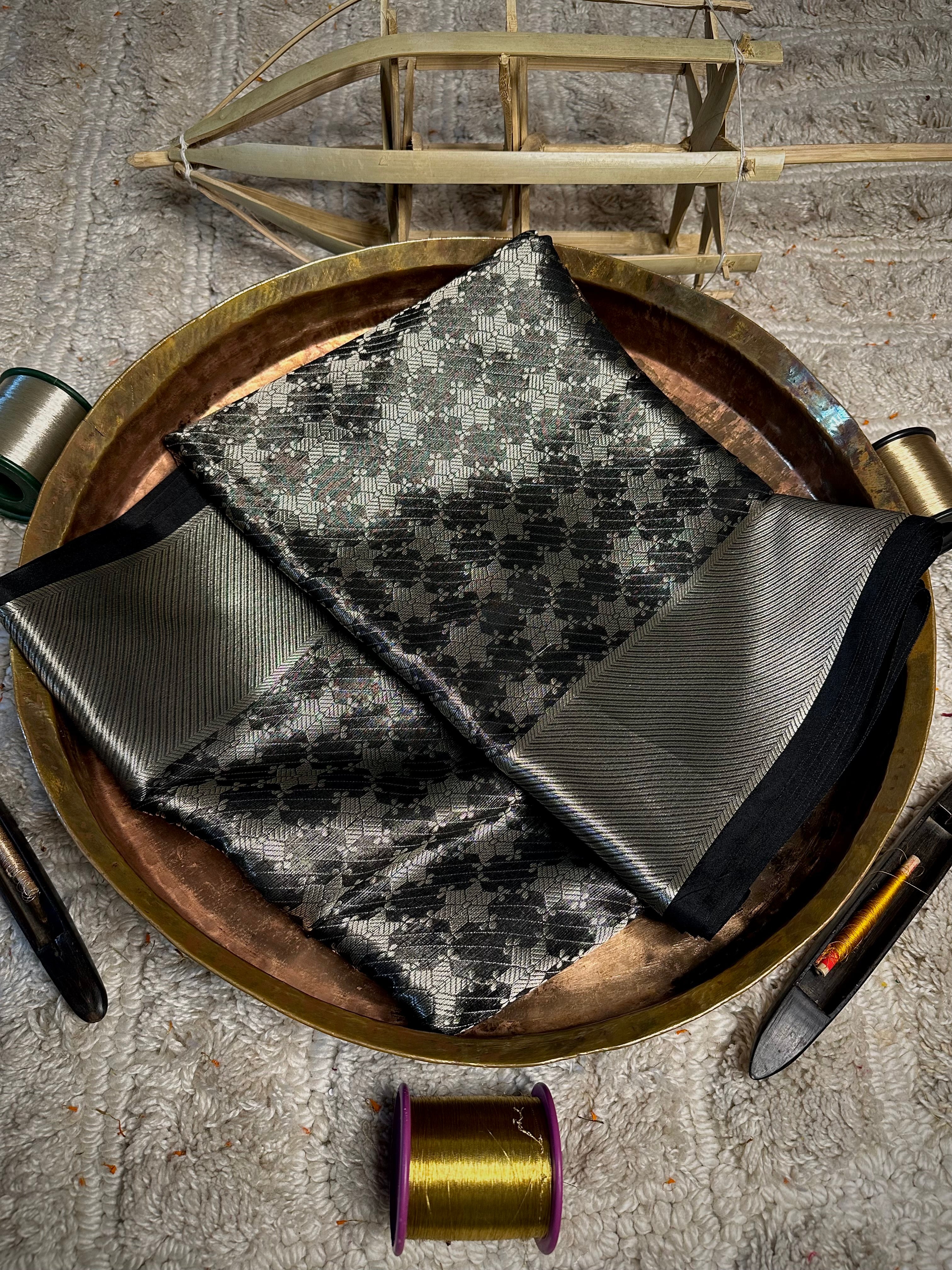 Jet Black Silver Zari Softsilk Saree