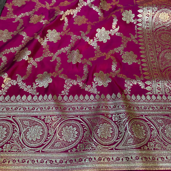 Violet Red Satin Katan Silk Bridal Banarasi Saree