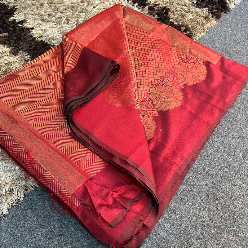 Red Soft Silk Copper Zari Saree