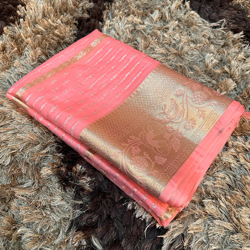 Salmon Pink Organza Silk Zari Banarasi Saree