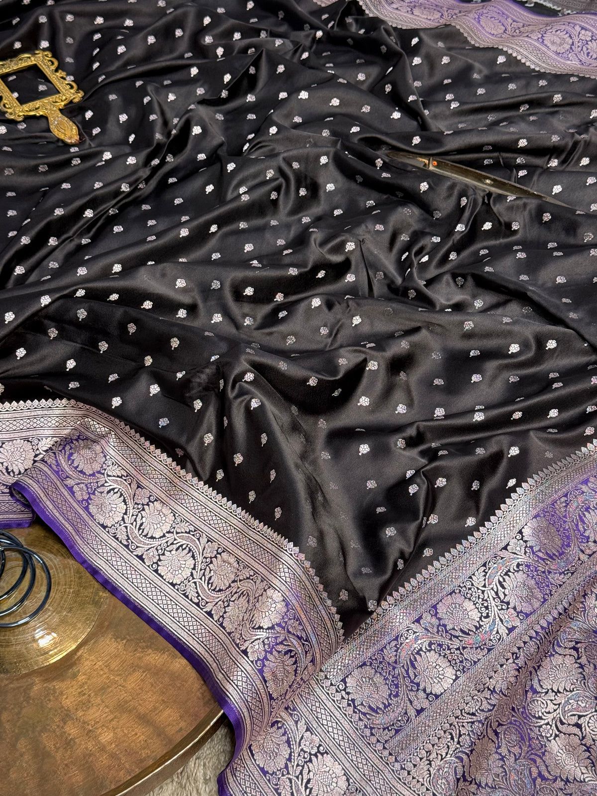 Midnight Black Mashru Katan Saree With Silver Buti & Purple Border
