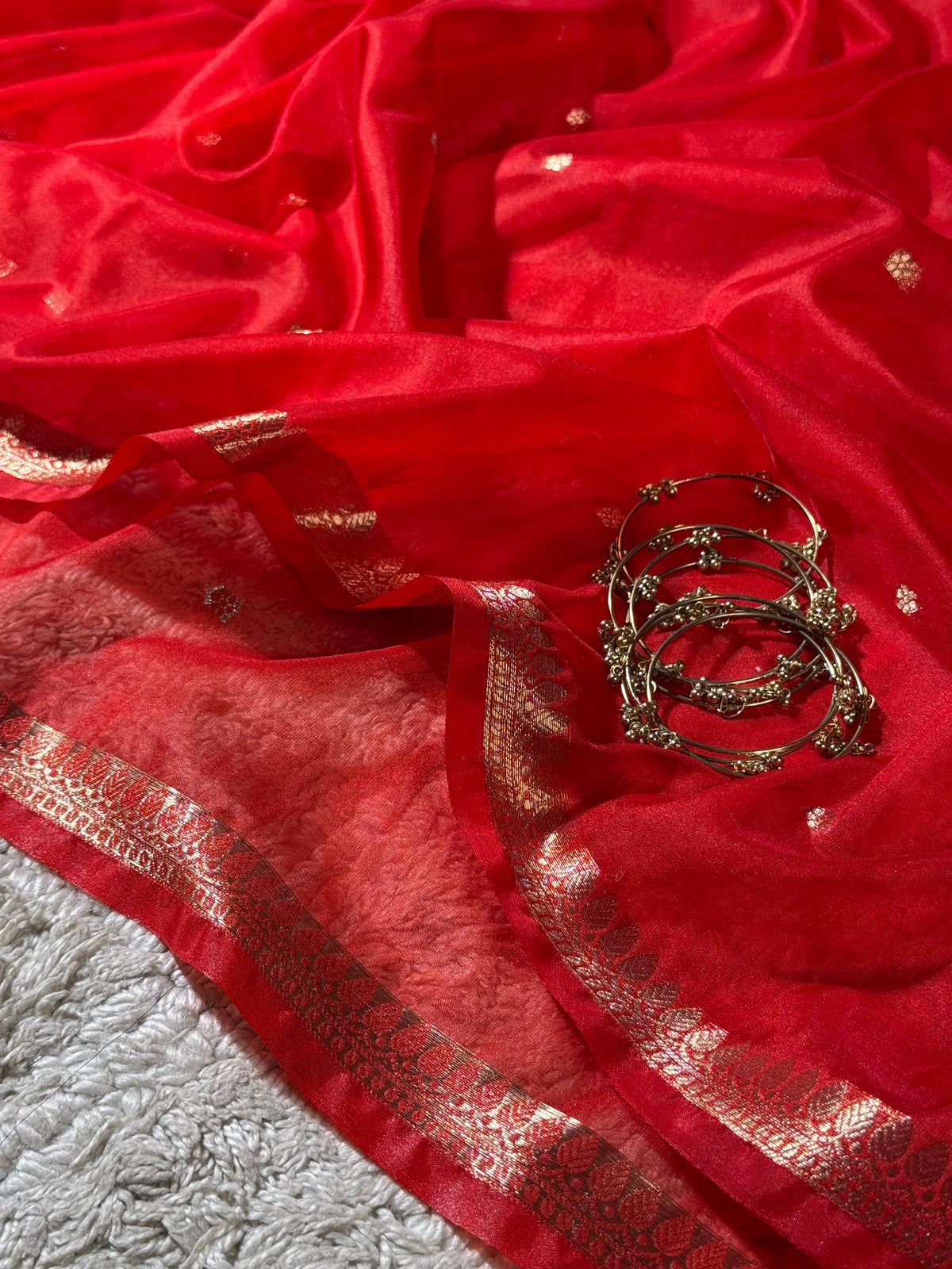 Crimson Red Zari Butti Silk Saree With Elegant Border