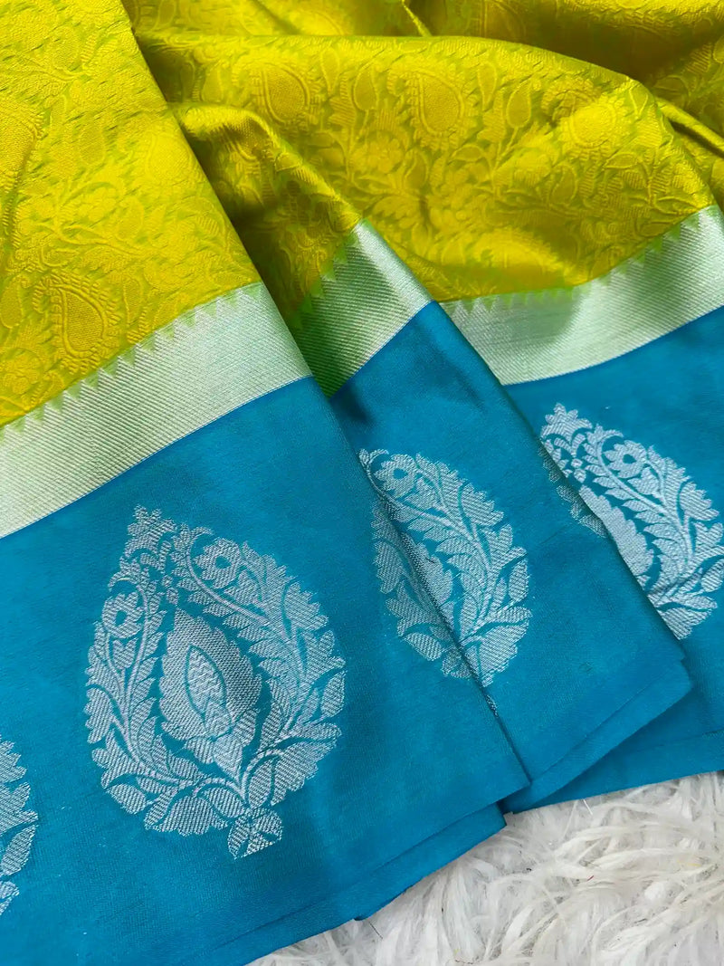 Sun Yellow Kanchi Kora Silk Floral Embossed Banarasi Saree