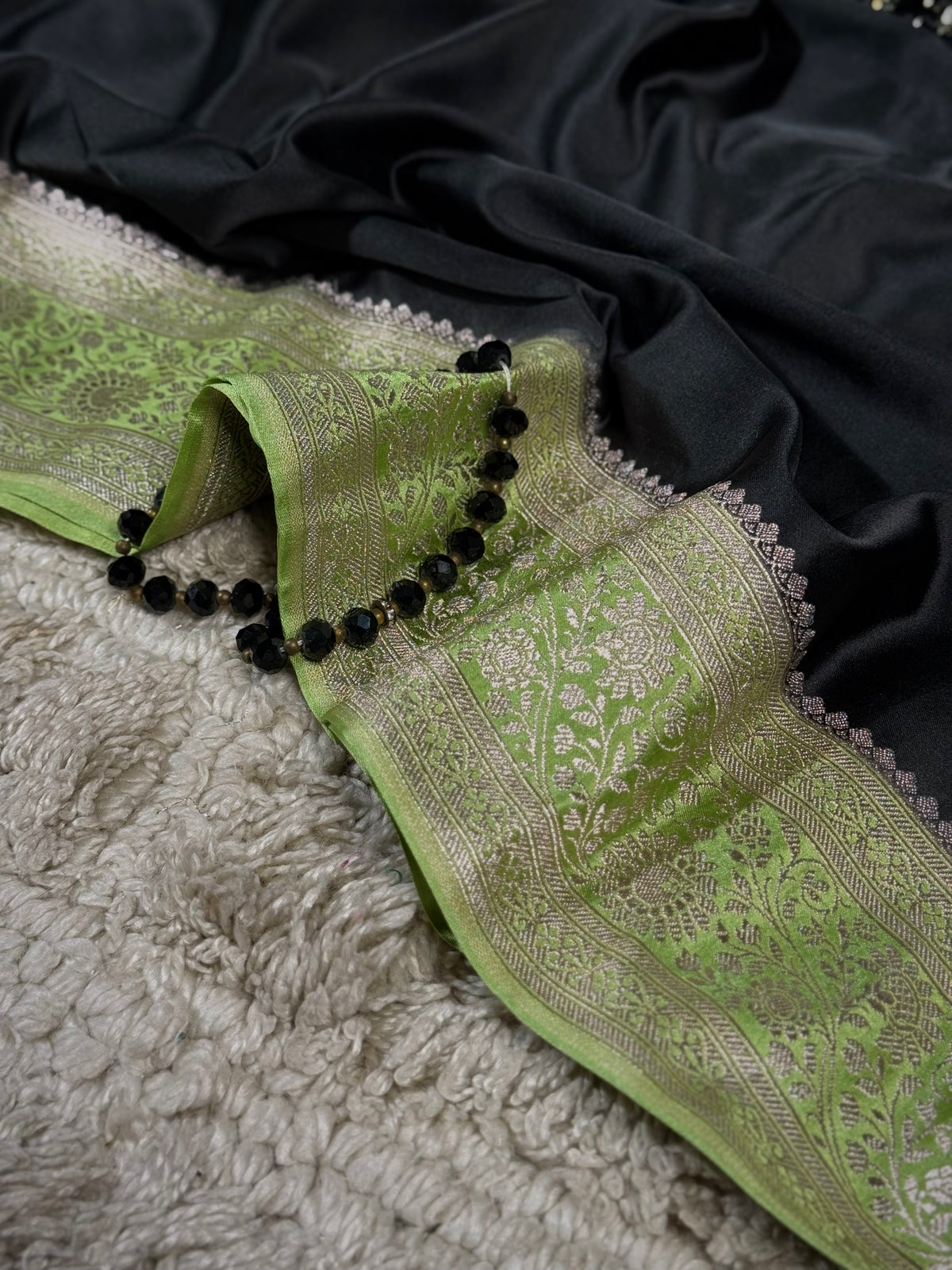 Olive Green Masru Katan Saree With Silver-Tone Floral Design