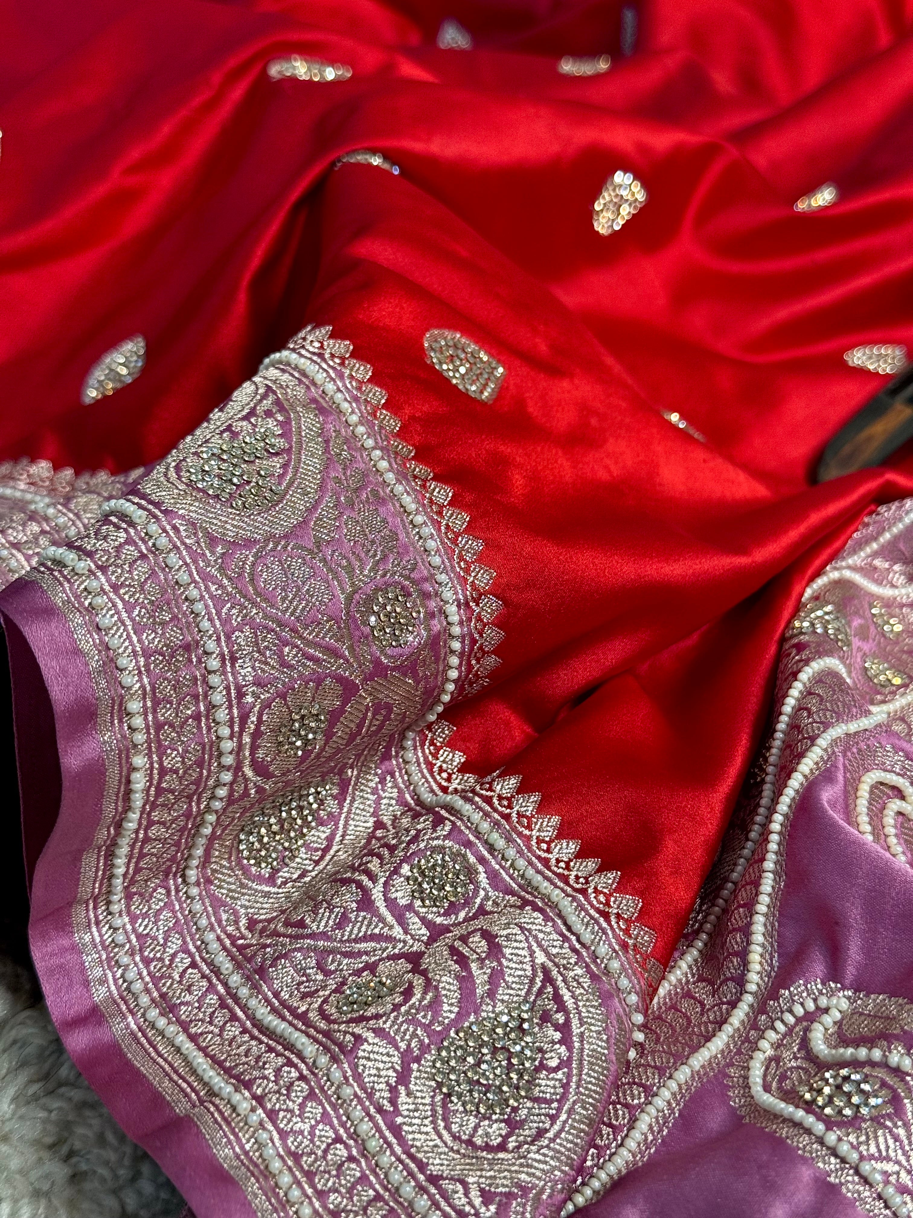 Orange Lilac Mashru Katan Premium Handwork Saree