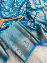 Sky Blue Floral Chinia Silk Banarasi Saree