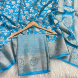 Sky Blue Floral Chinia Silk Banarasi Saree