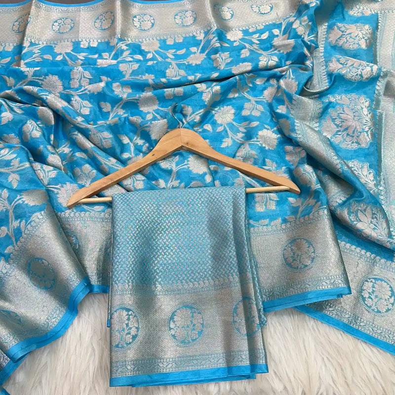 Sky Blue Floral Chinia Silk Banarasi Saree