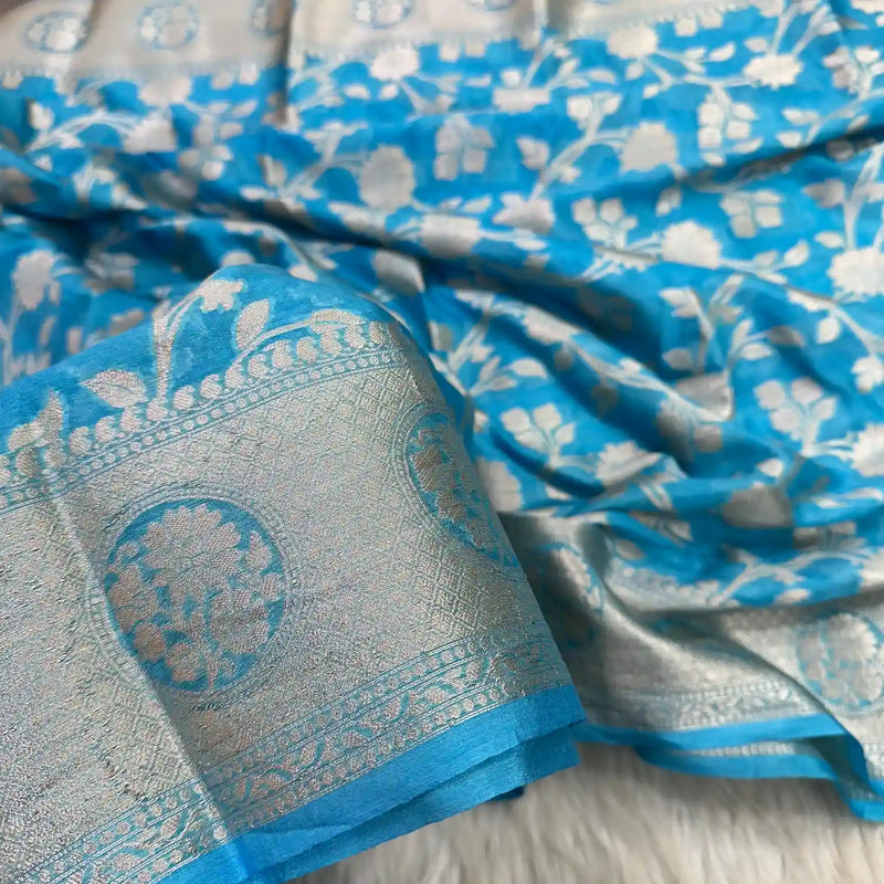 Sky Blue Floral Chinia Silk Banarasi Saree