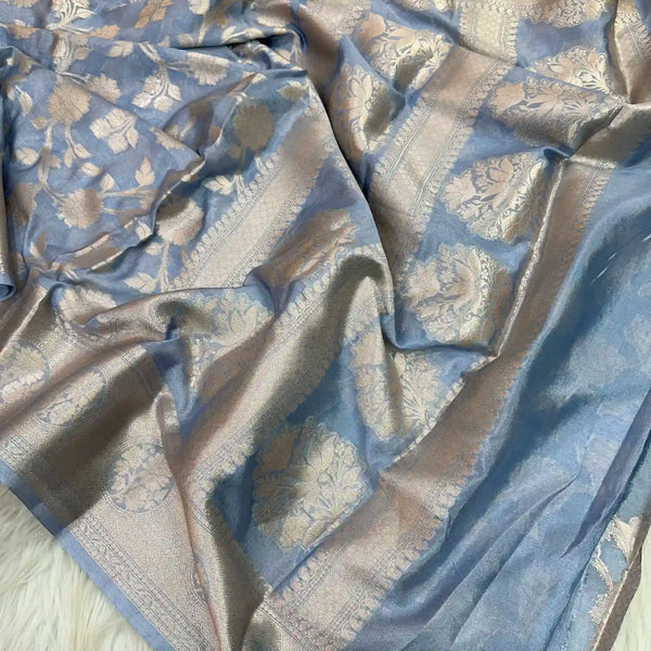 Light Grey Floral Chinia Silk Banarasi Saree