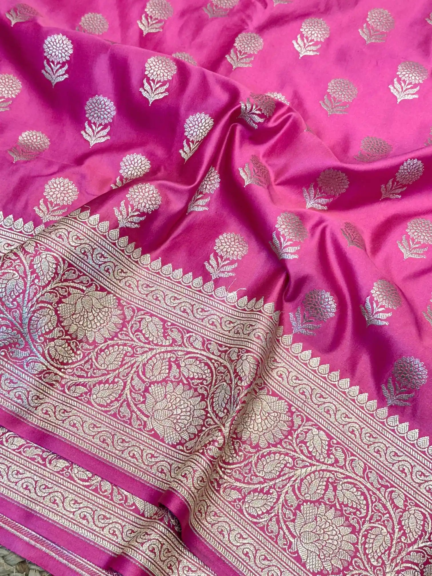 Pink Eccentric Motifs Weave Mashru Katan Silk Saree