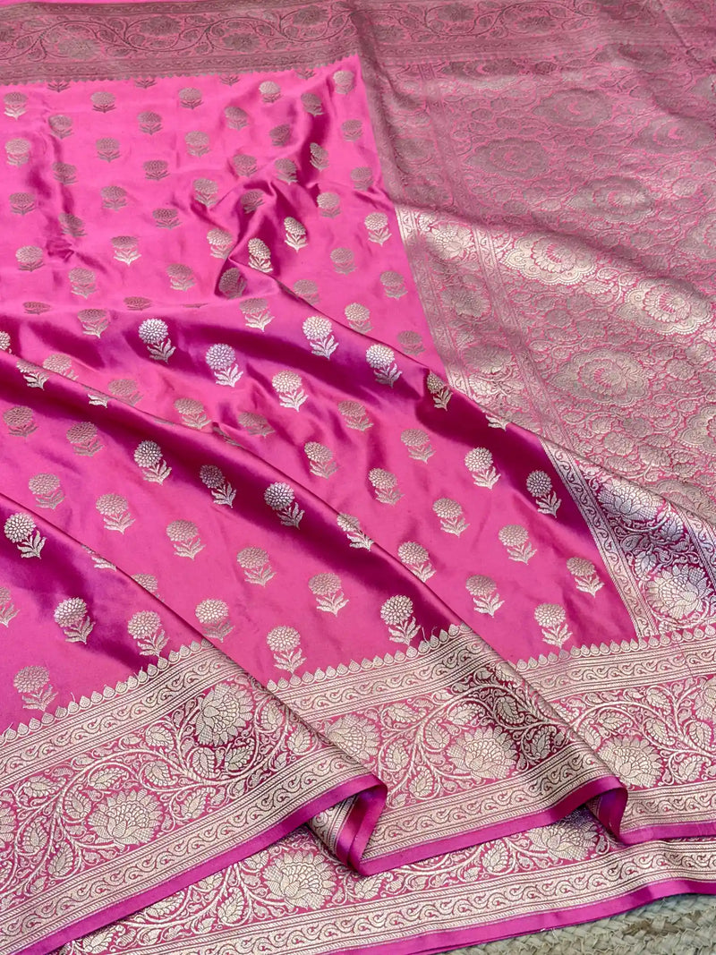 Pink Eccentric Motifs Weave Mashru Katan Silk Saree