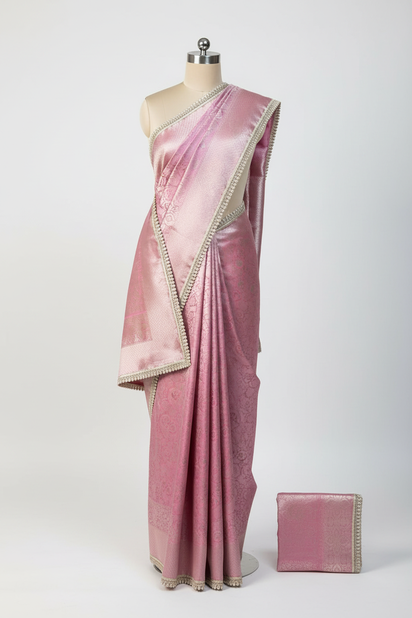 Pink Glass Tissue Silk Designer Lace Work Banarasi Saree