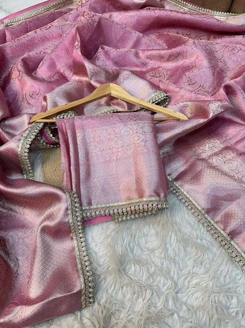 Pink Glass Tissue Silk Designer Lace Work Banarasi Saree