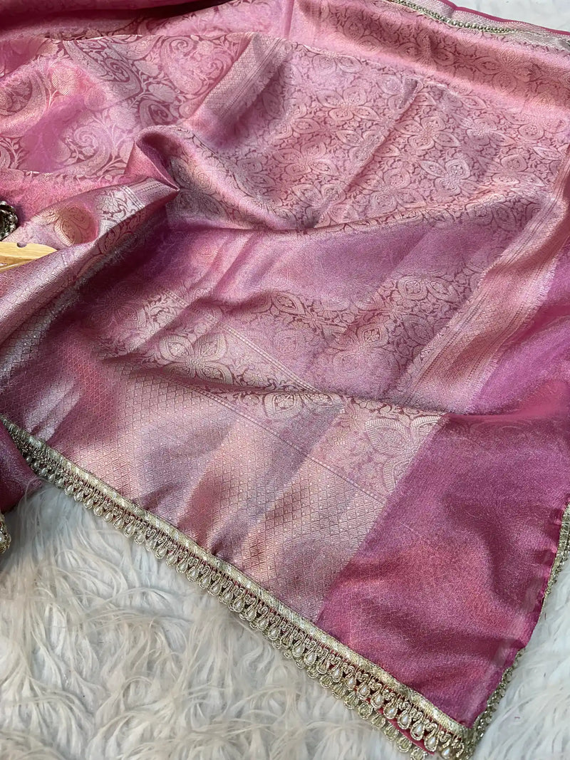 Pink Glass Tissue Silk Designer Lace Work Banarasi Saree