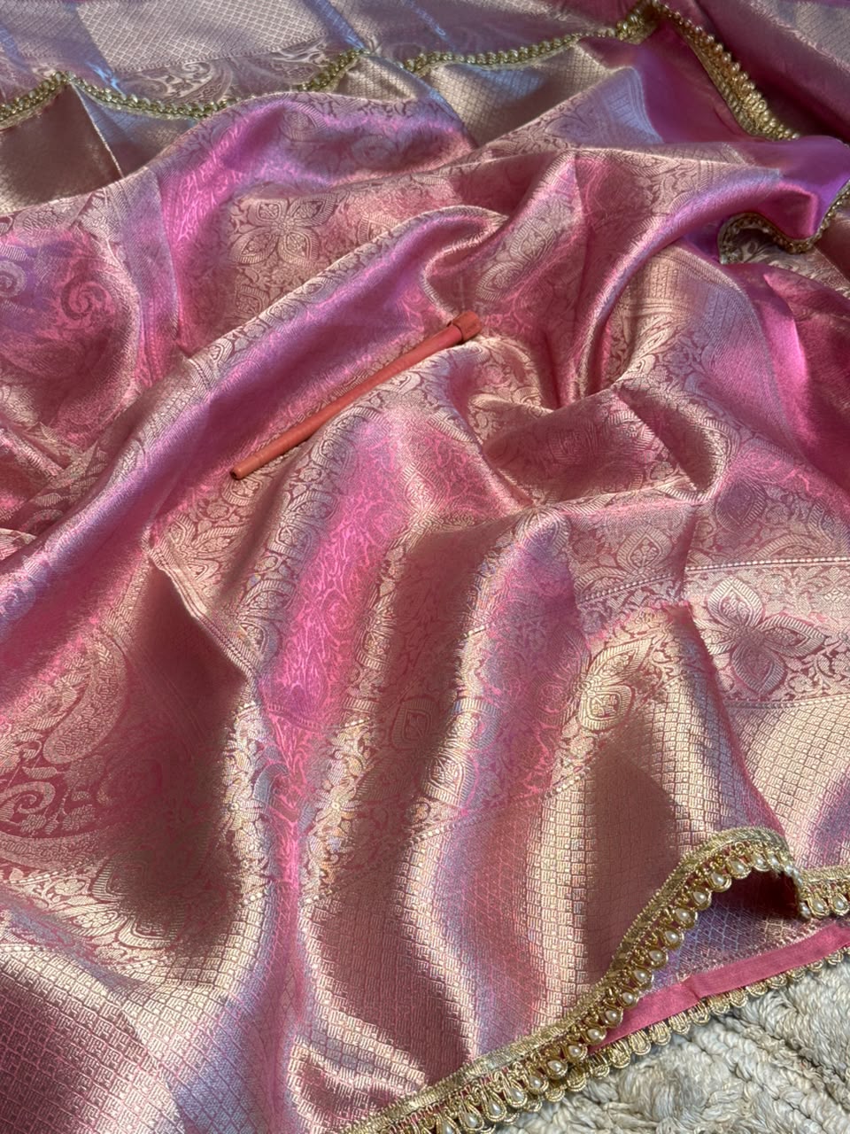 Pink Glass Tissue Silk Designer Lace Work Banarasi Saree