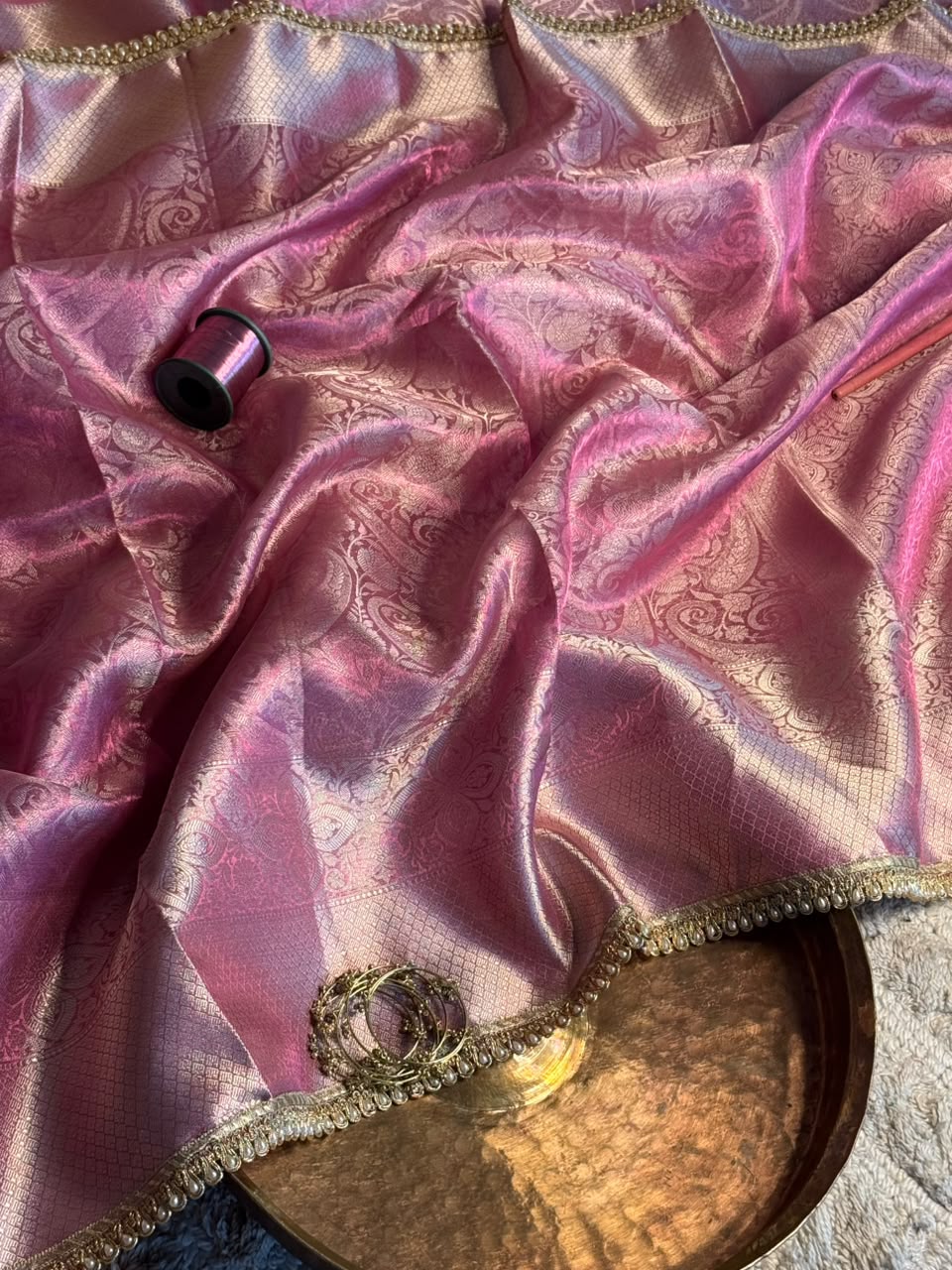 Pink Glass Tissue Silk Designer Lace Work Banarasi Saree