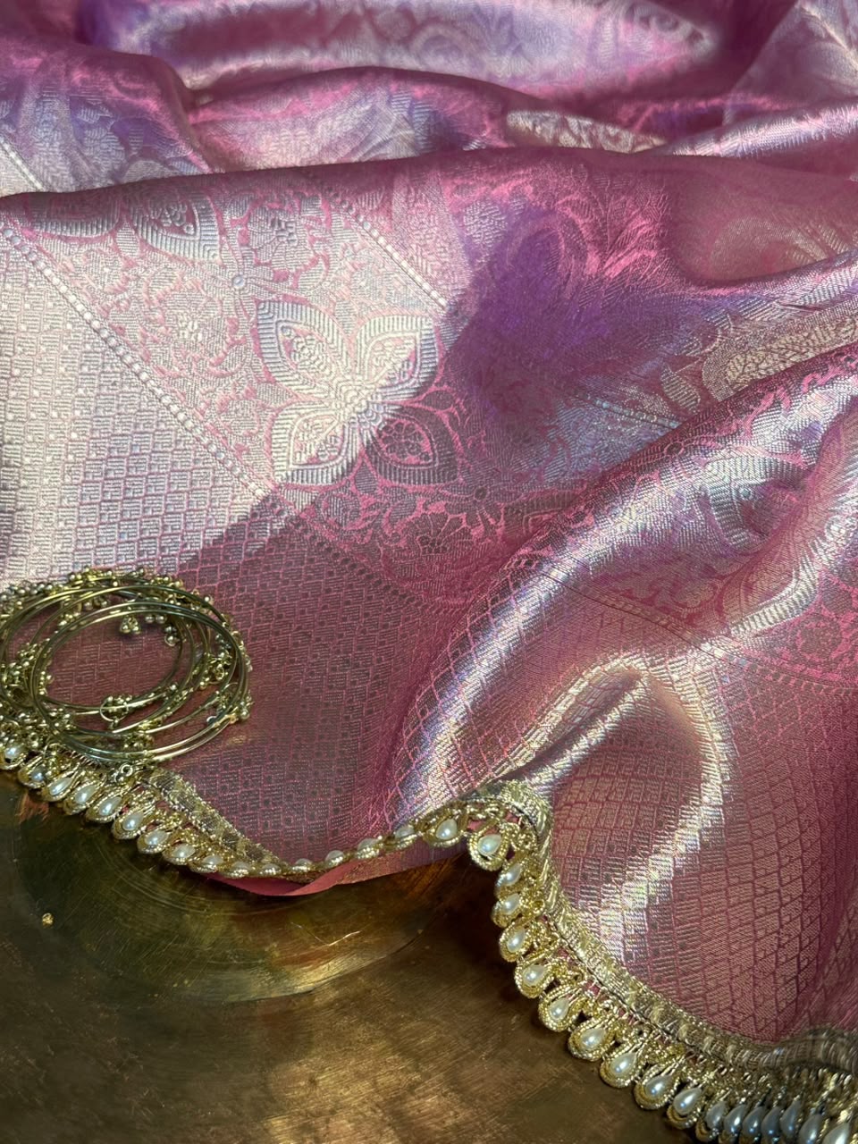 Pink Glass Tissue Silk Designer Lace Work Banarasi Saree