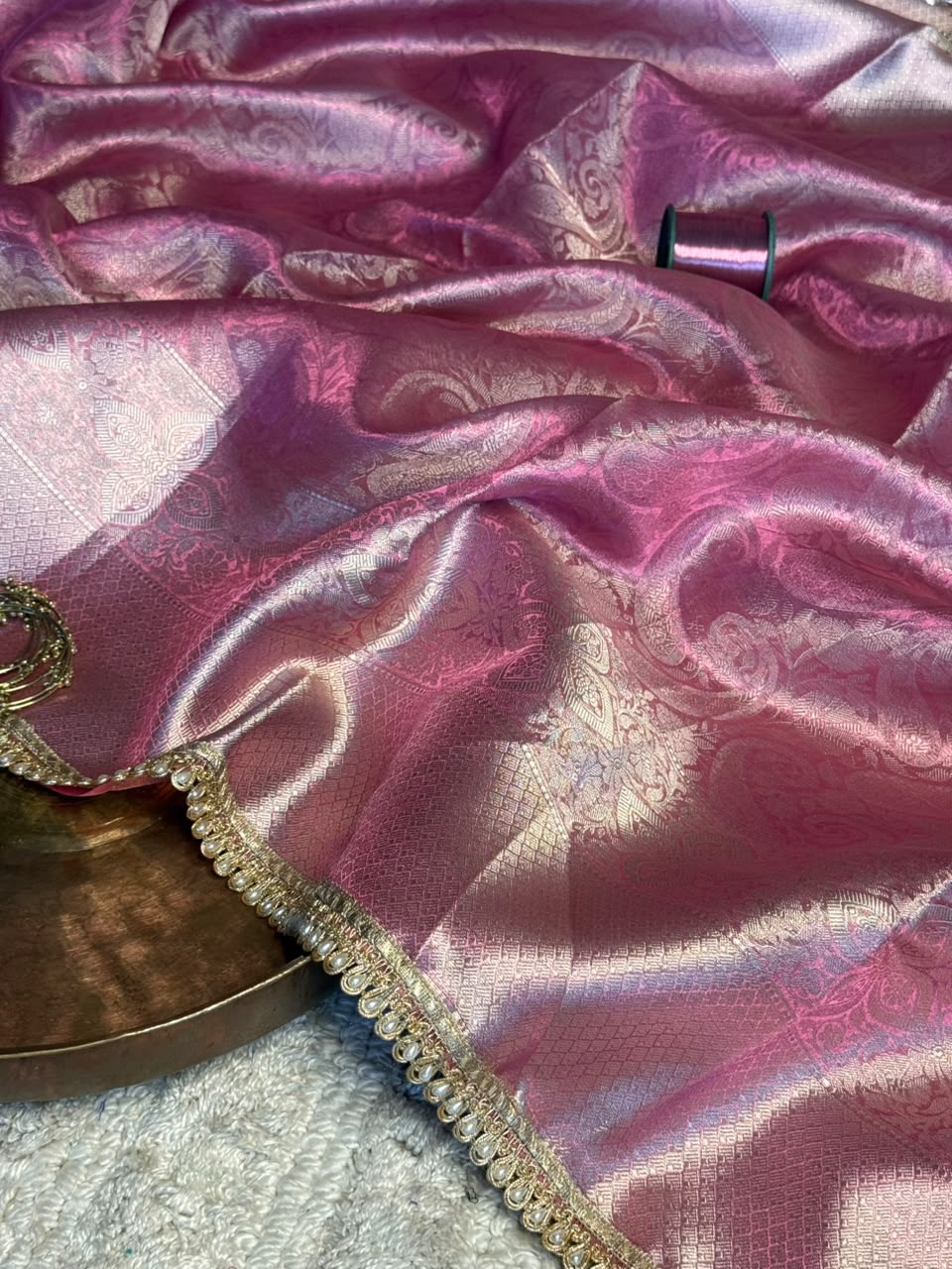 Pink Glass Tissue Silk Designer Lace Work Banarasi Saree