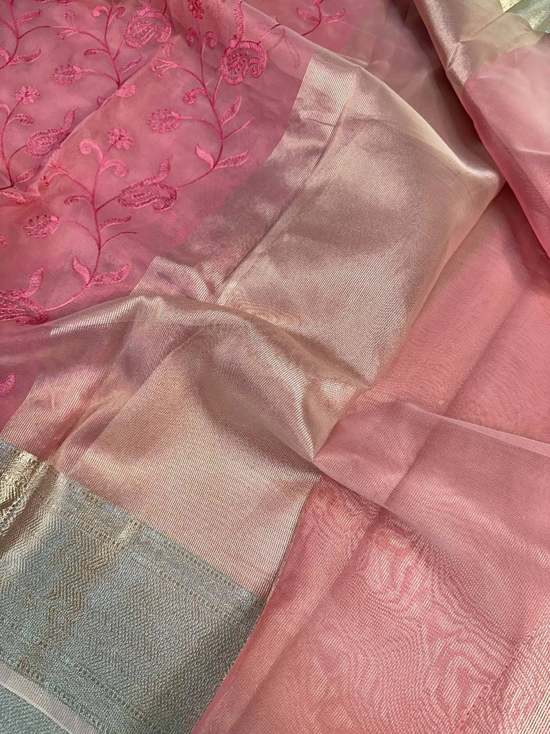 Pink Organza Silk Embroidered Banarasi Saree