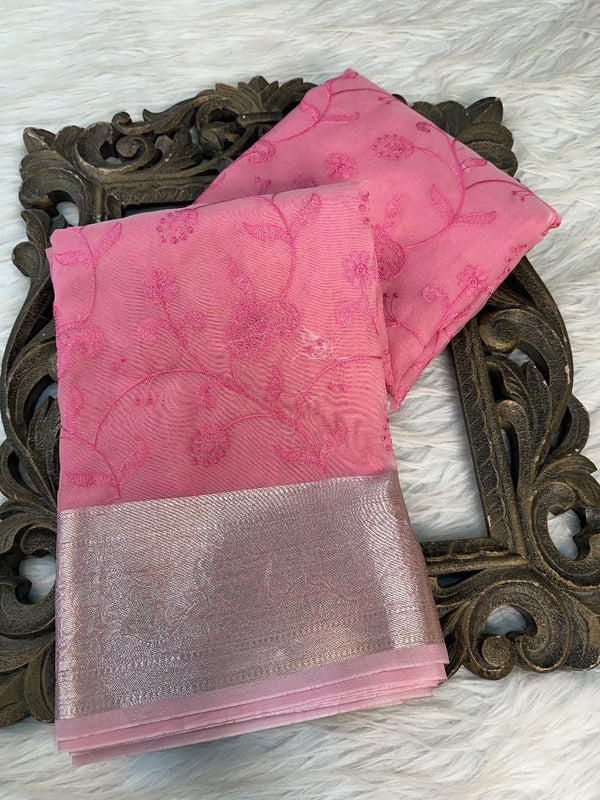 Pink Organza Silk Embroidered Banarasi Saree