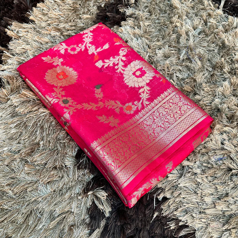 Pink Semi Georgette Silk Alfi Meena Khaddi Banarasi Saree