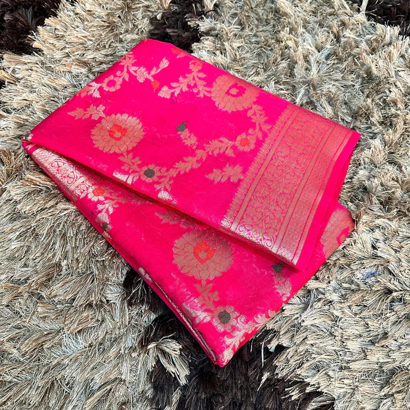 Pink Semi Georgette Silk Alfi Meena Khaddi Banarasi Saree