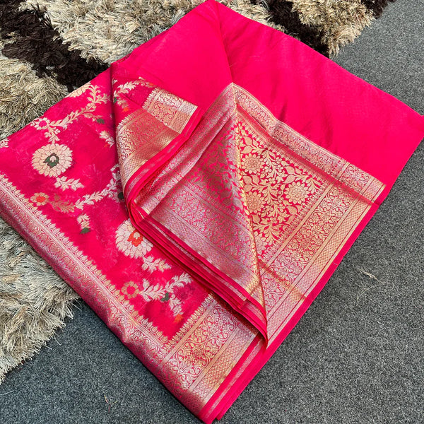 Pink Semi Georgette Silk Alfi Meena Khaddi Banarasi Saree