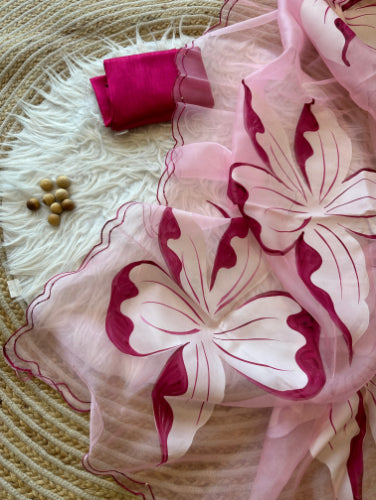 Pink Shade Kora Organza Saree With Hand Painted Work