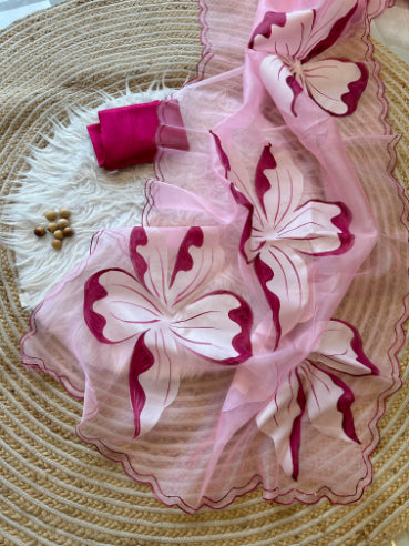 Pink Shade Kora Organza Saree With Hand Painted Work