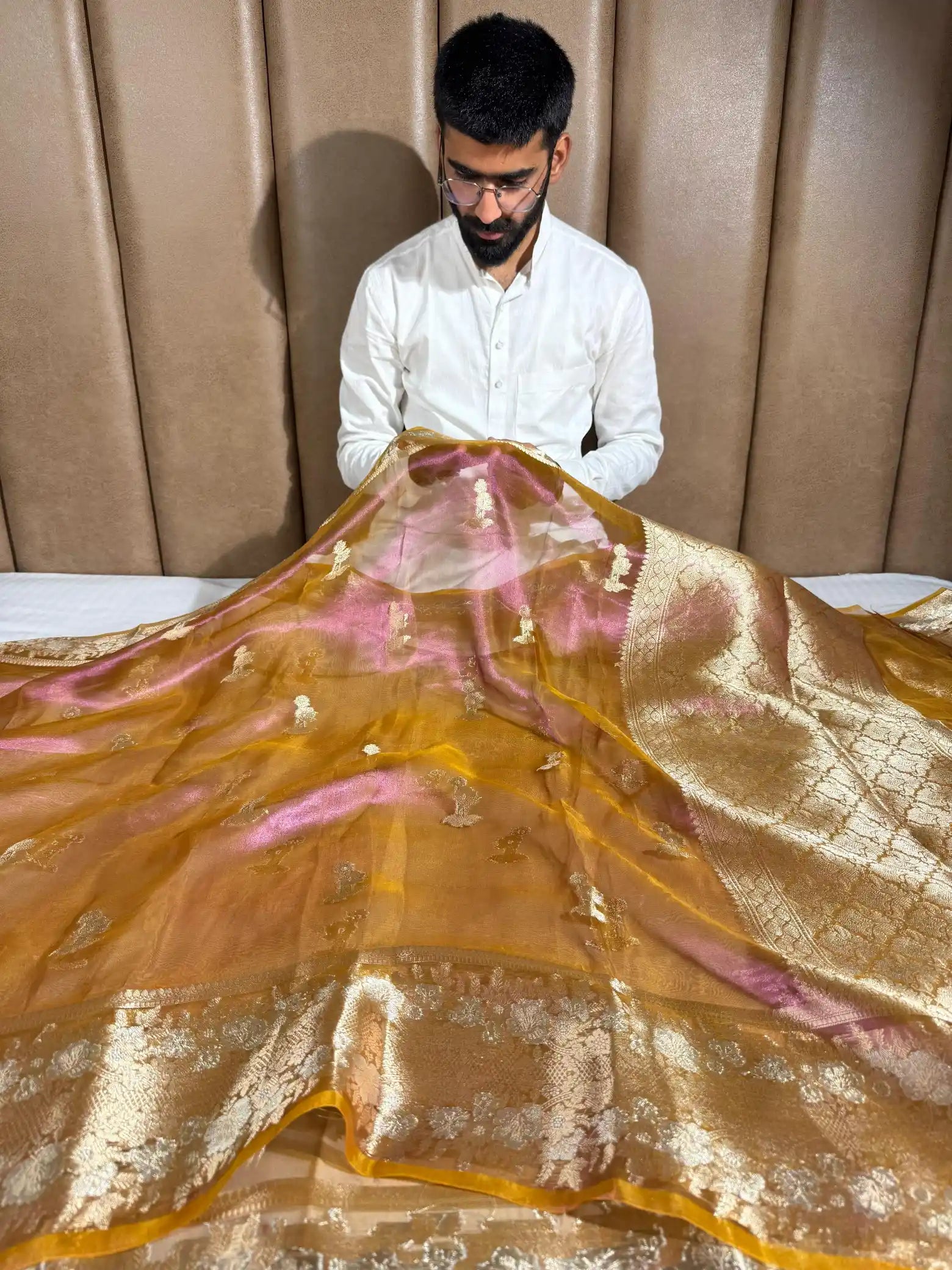 Pinkish Orange Pure Tissue Silk Heritage Banarasi Saree