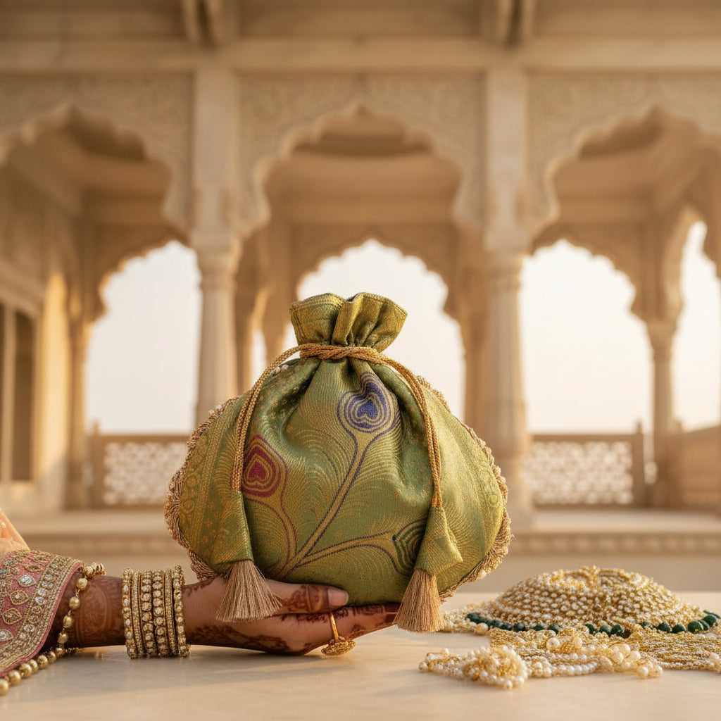 Pista Green Beautiful Lace Work Banarasi Potli Bags