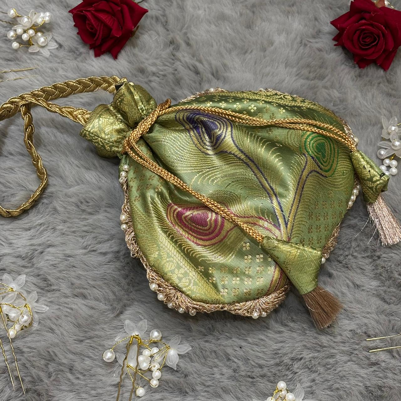 Pista Green Beautiful Lace Work Banarasi Potli Bags