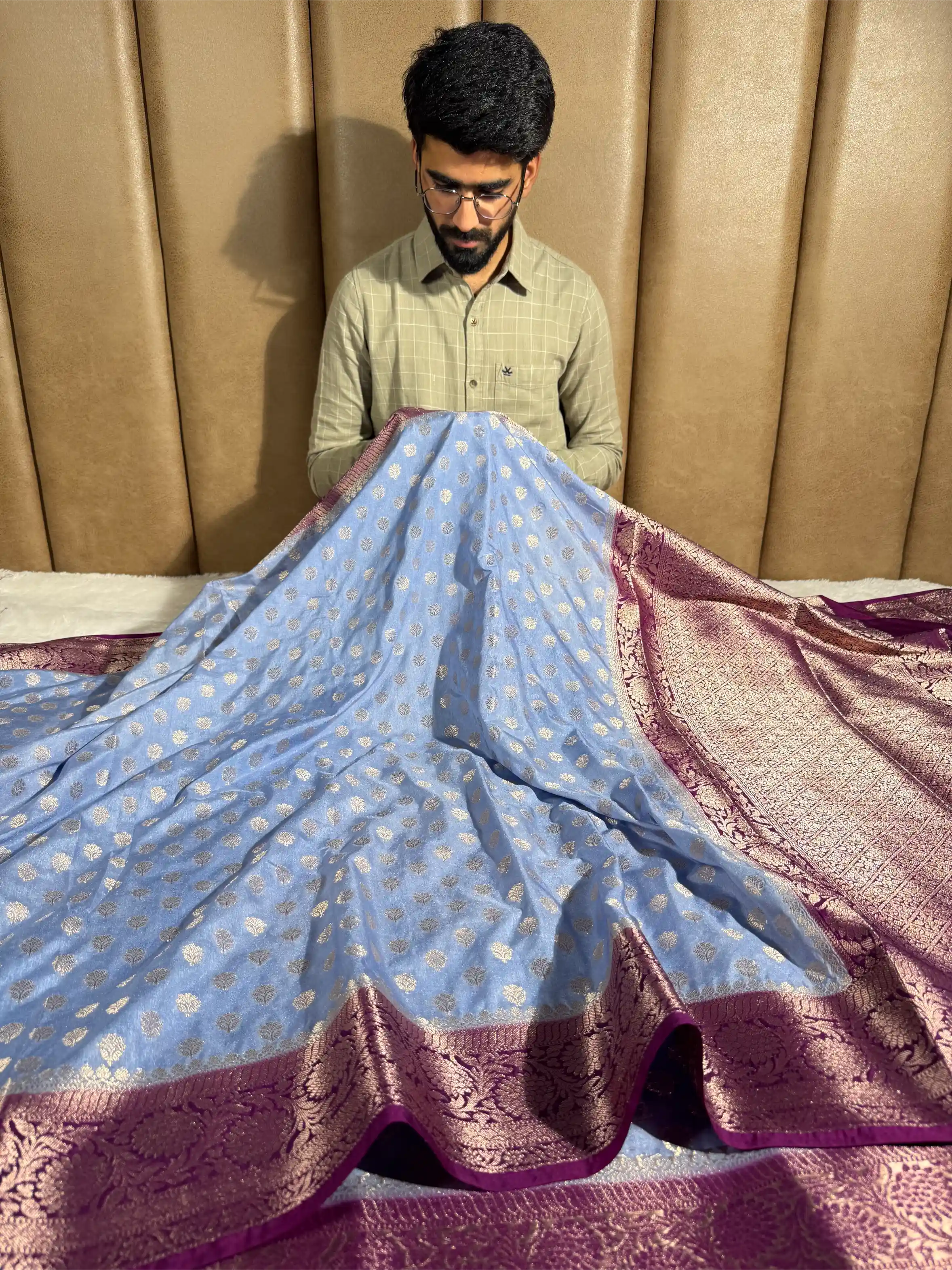 Powder Blue Chiniya Silk Khaddi Buti Banarasi Saree 