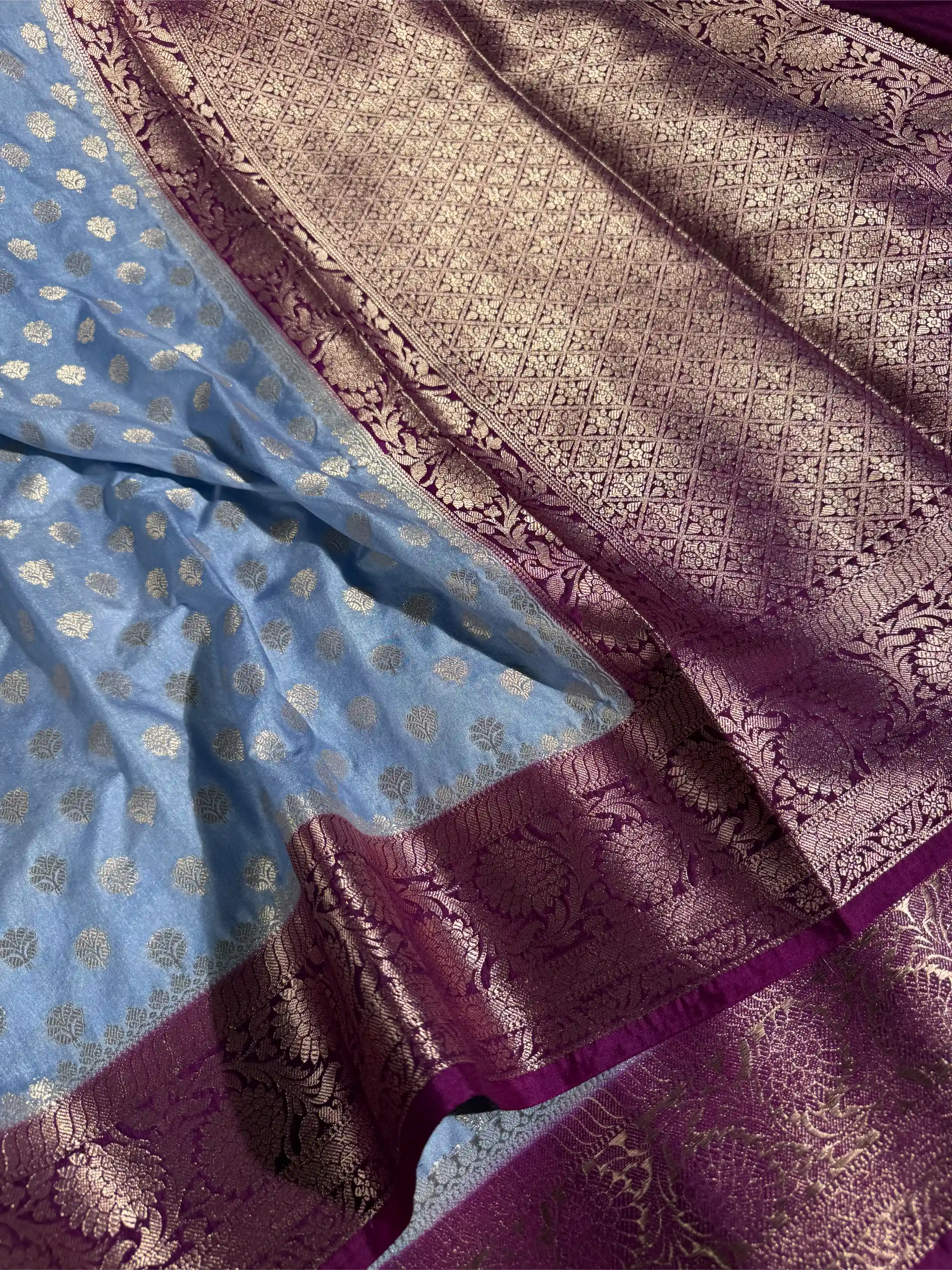 Powder Blue Chiniya Silk Khaddi Buti Banarasi Saree 
