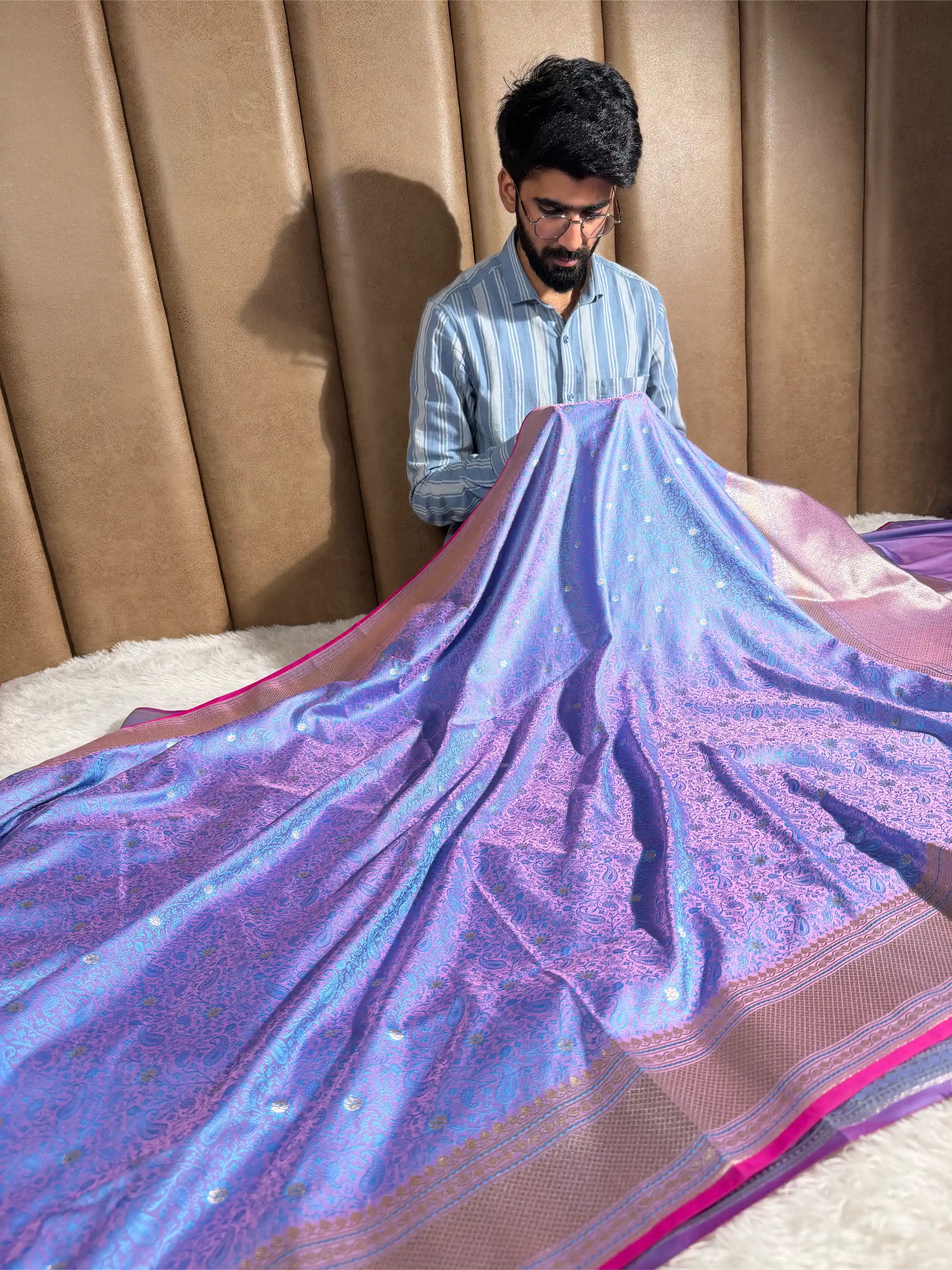 Powder Blue Intricate Mashru Katan Silk Tanchoi Banarasi Saree