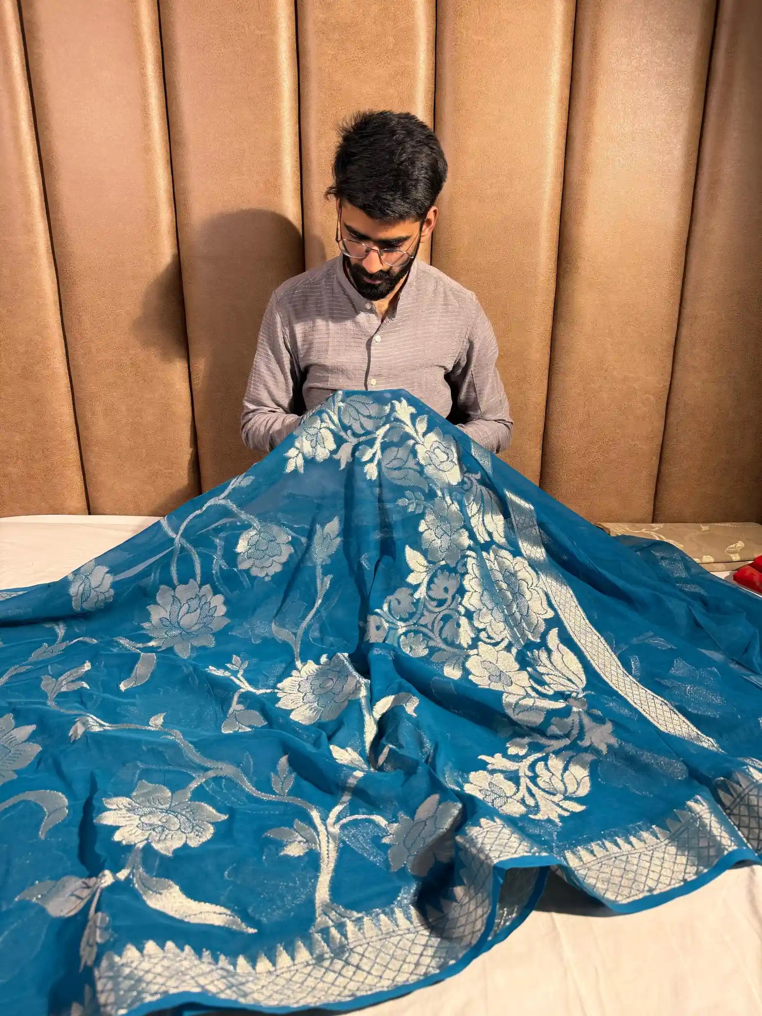 Powder Blue Premium Khaddi Chiffon Silk Jangla Banarasi Saree