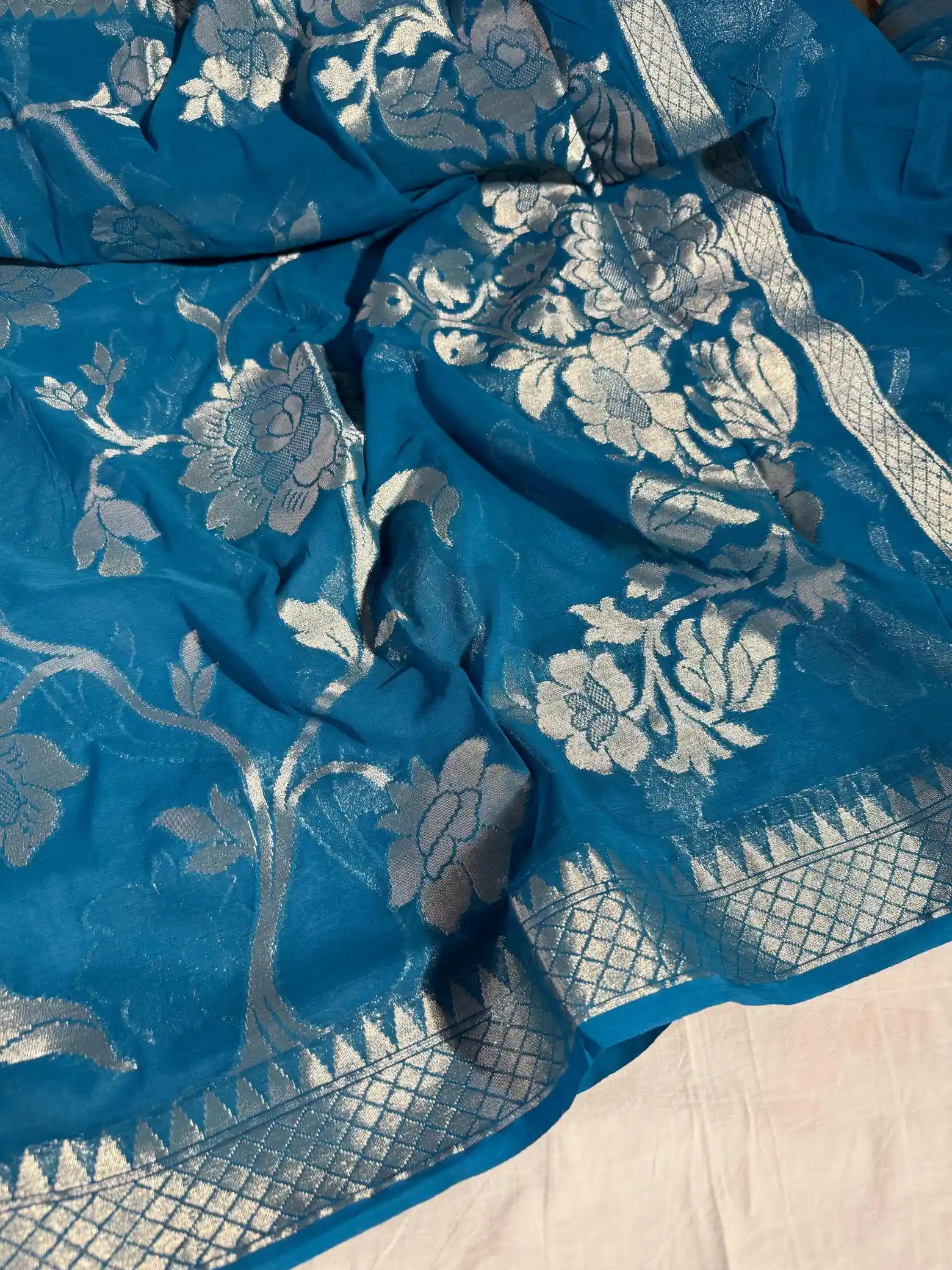 Powder Blue Premium Khaddi Chiffon Silk Jangla Banarasi Saree