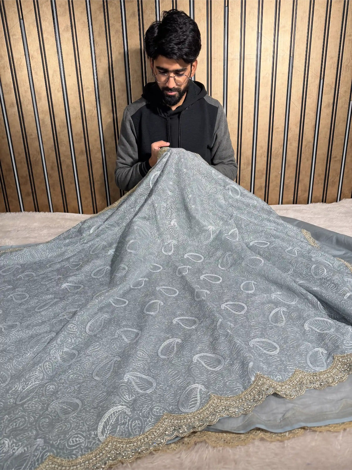 Powder Blue Pure Mul Chanderi Chikankari Work Banarasi Saree