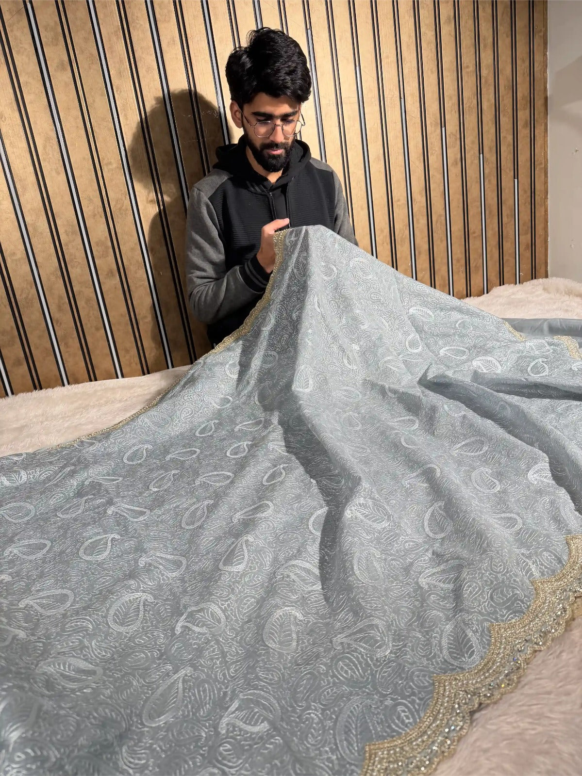 Powder Blue Pure Mul Chanderi Chikankari Work Banarasi Saree