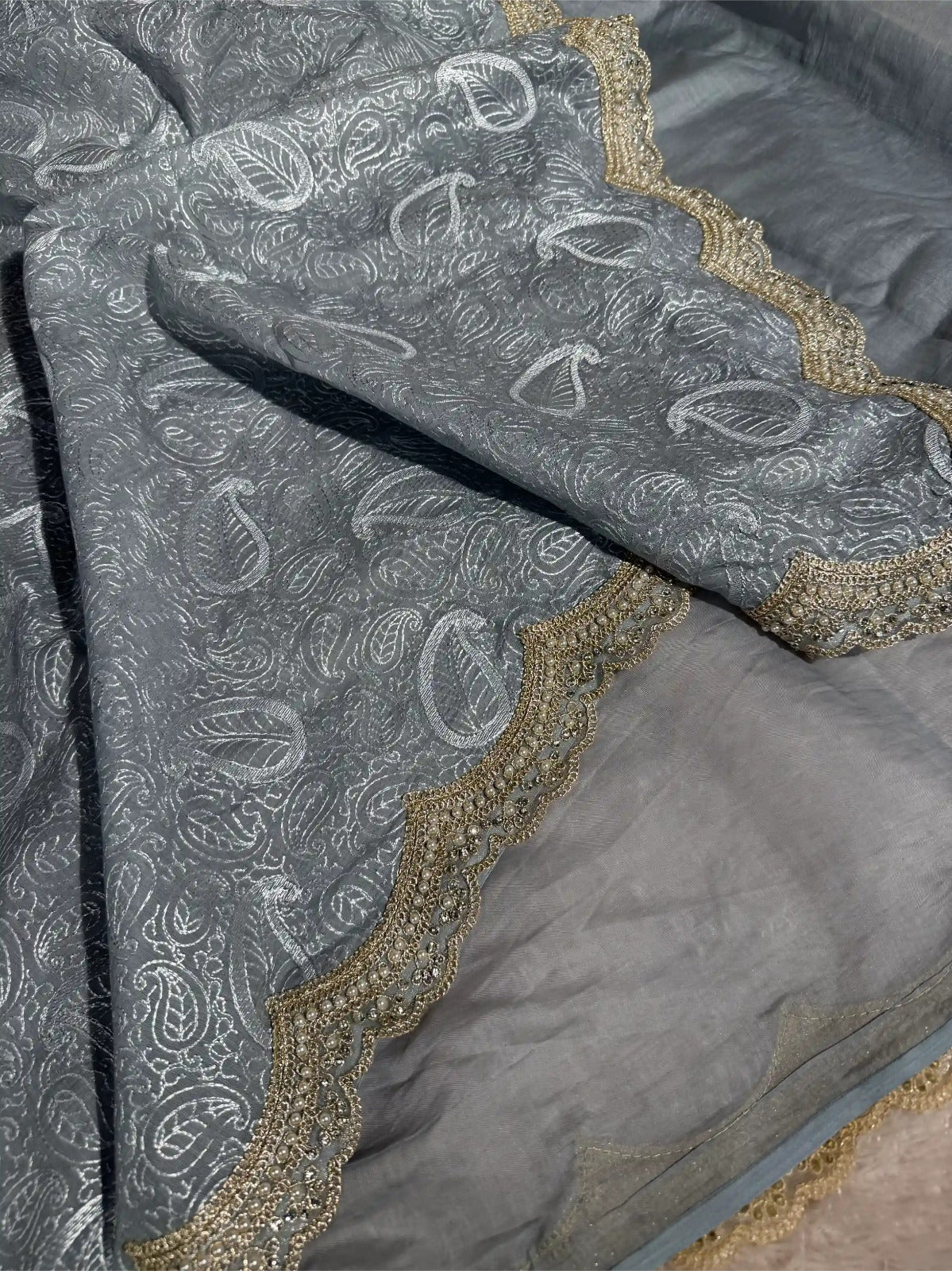 Powder Blue Pure Mul Chanderi Chikankari Work Banarasi Saree