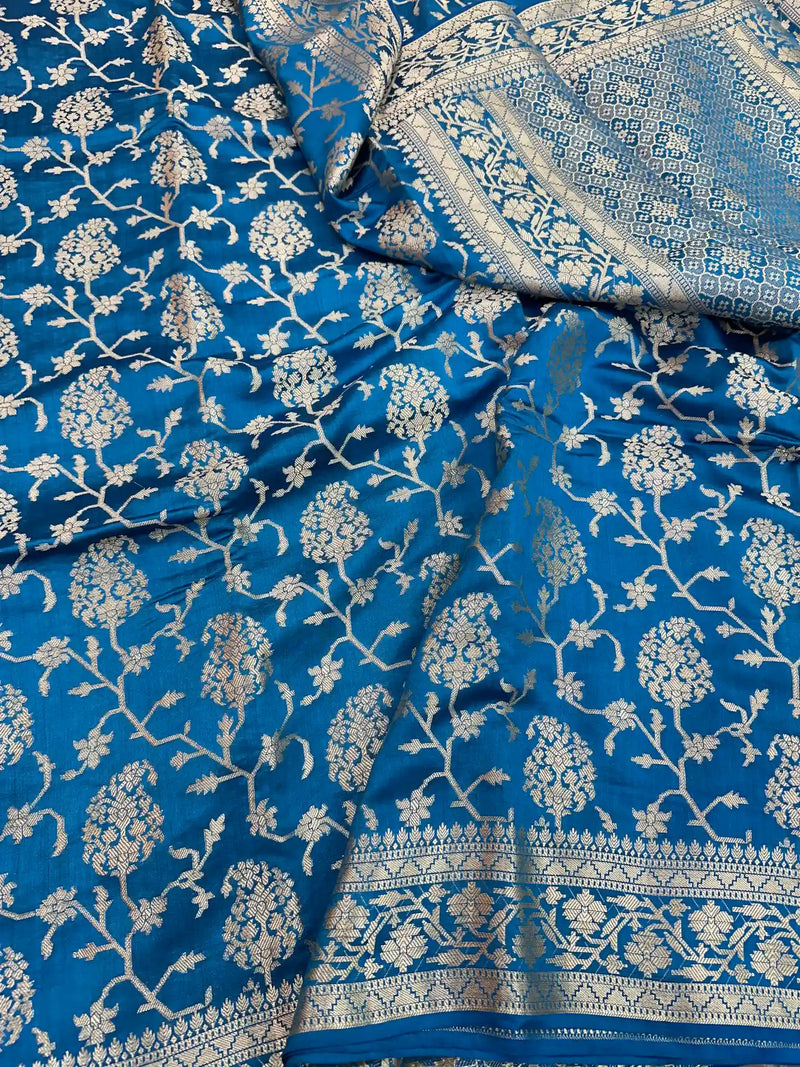 Powder Blue Pure Chiniya Silk Banarasi Saree