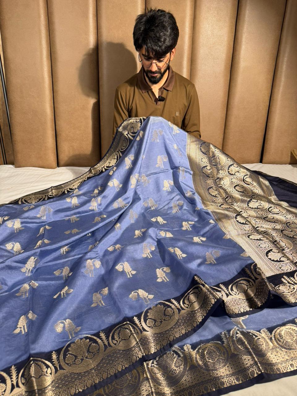 Powder blue eccentric Chinia silk traditional Banarasi Saree