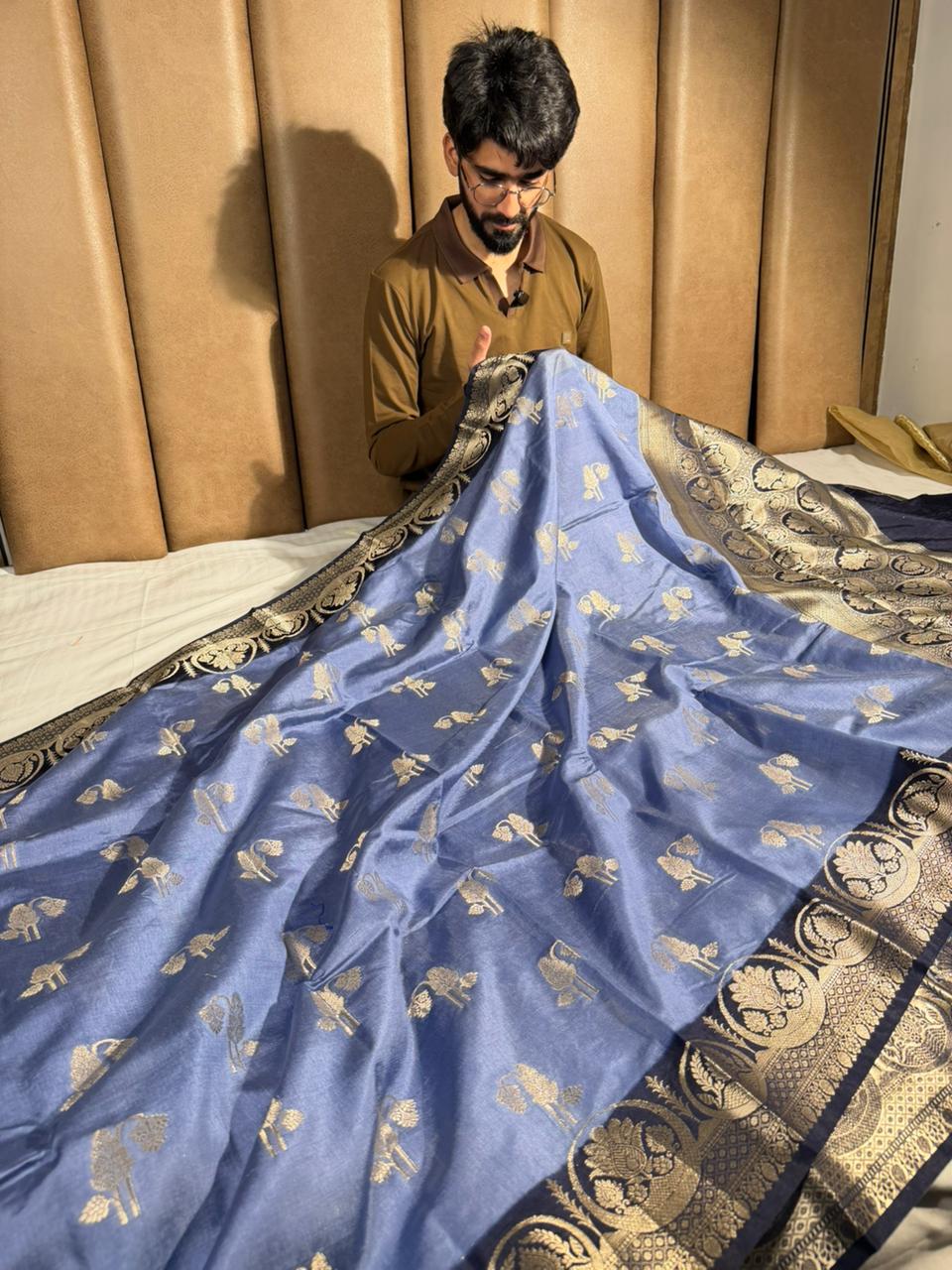 Powder blue eccentric Chinia silk traditional Banarasi Saree